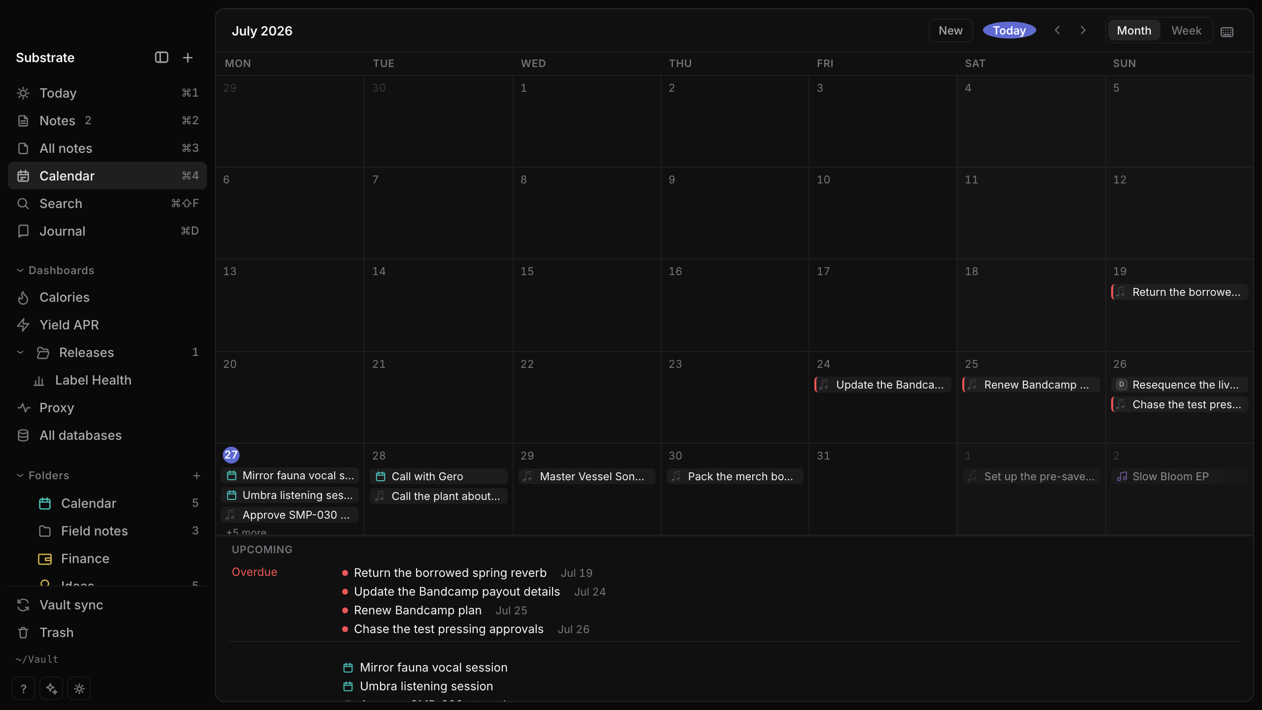 The calendar — event and task chips on a month grid, overdue rail underneath, every chip a file