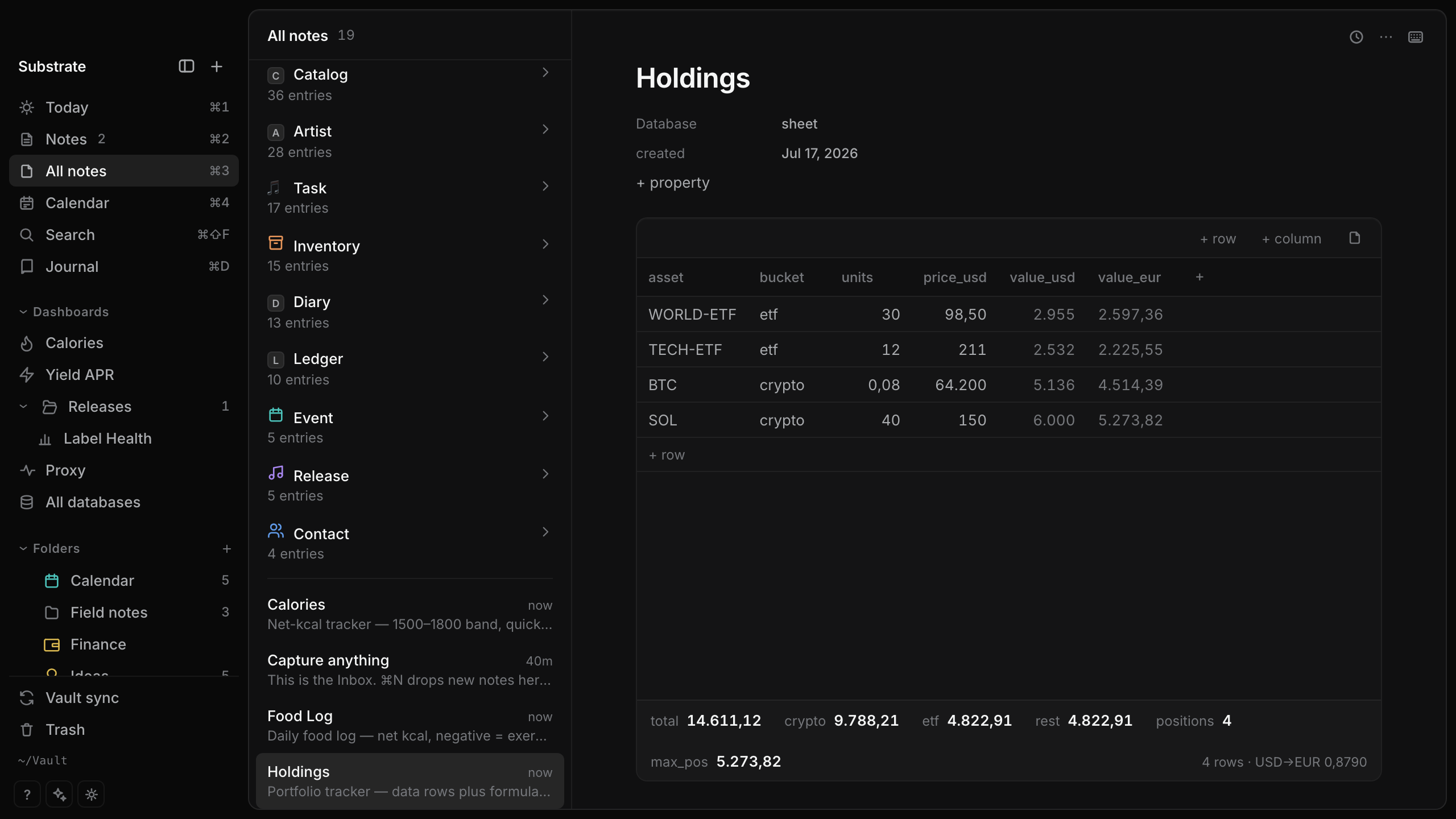 The Holdings sheet open in Substrate — csv rows rendered as a computed grid, formula totals along the bottom