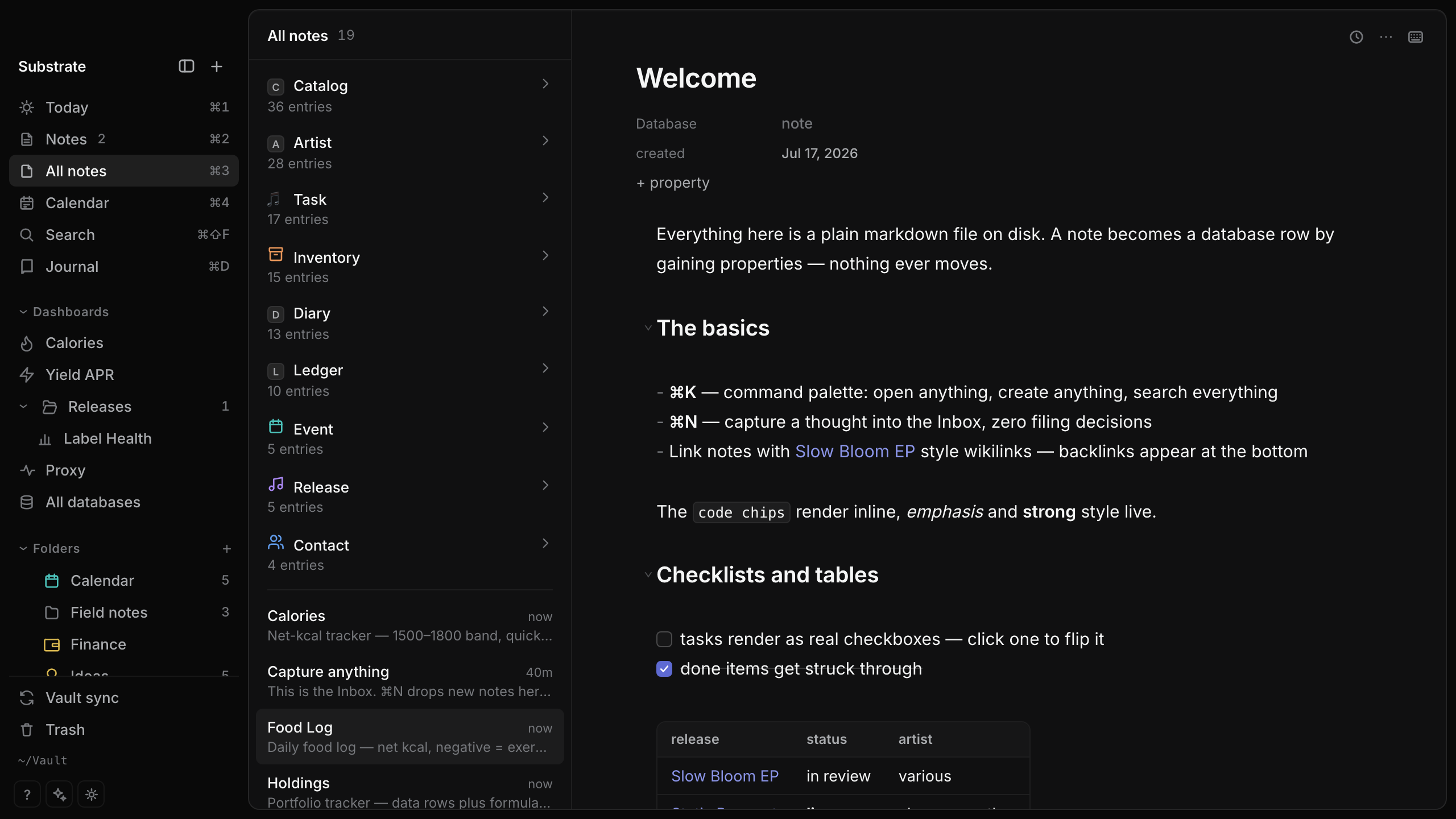 The whole app — sidebar with databases, notes list, live-rendered editor